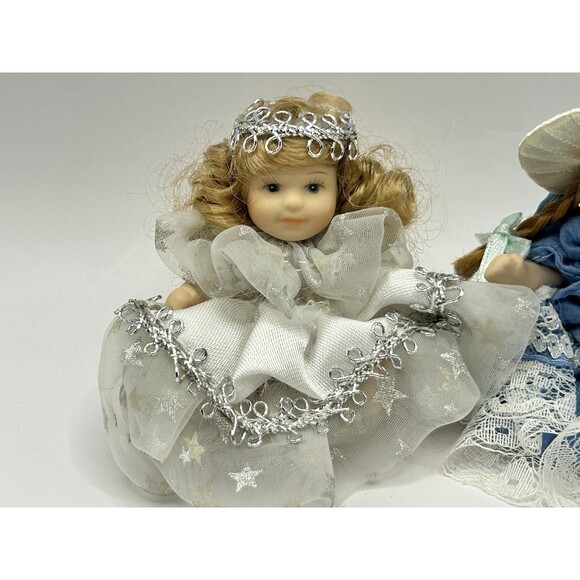 Miniature Porcelain Jointed Dolls w White Silver Star & Blue Dress 2.5" Lot of 2 - Picture 4 of 10